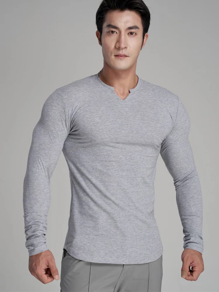 k Prison Men's Fitn Training Long Sve V-Ne T-irt Tight Body Sportswear Knitted Cotton Polyester Blend