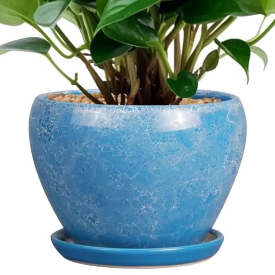 Vaso per Piante - Vaso in Ceramica con Foro di Drenaggio e Sottovaso, Vaso Moderno Rotondo Smaltato per Piante da Porta