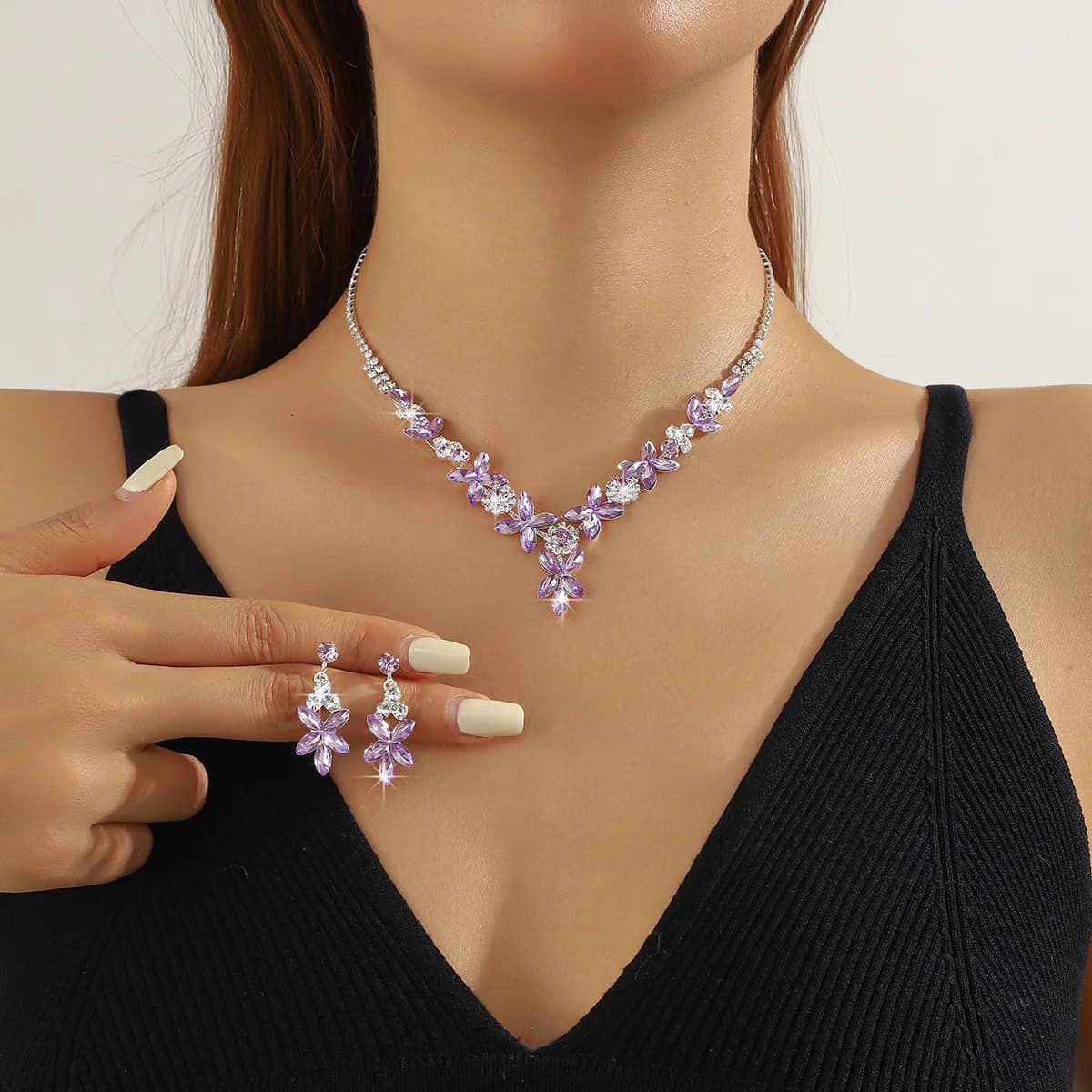 Elegant Purple Flower Crystal Jewelry Set for Women, Sparkling Rhinestone Necklace and Earrings, Bridal Wedding Party Gift