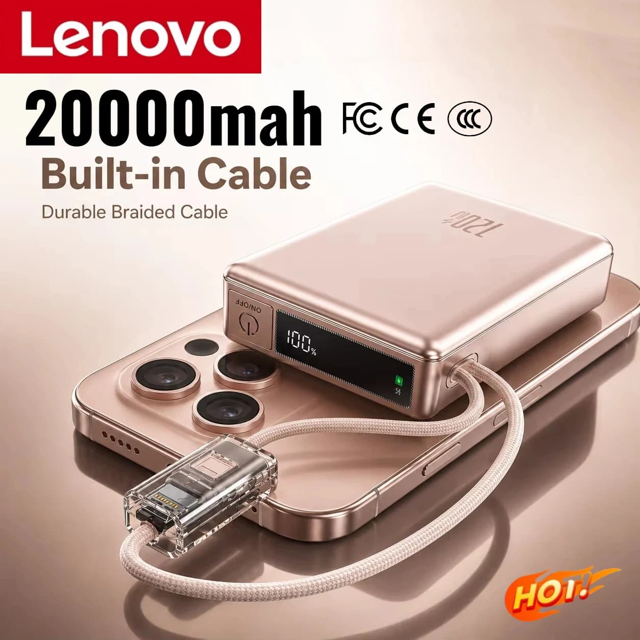 Lenovo 22.5W Fast Charging USB C Power Bank 500000mAh Mini Portable Charger for iPhone 15 16 Android Devices Travel Battery Pack