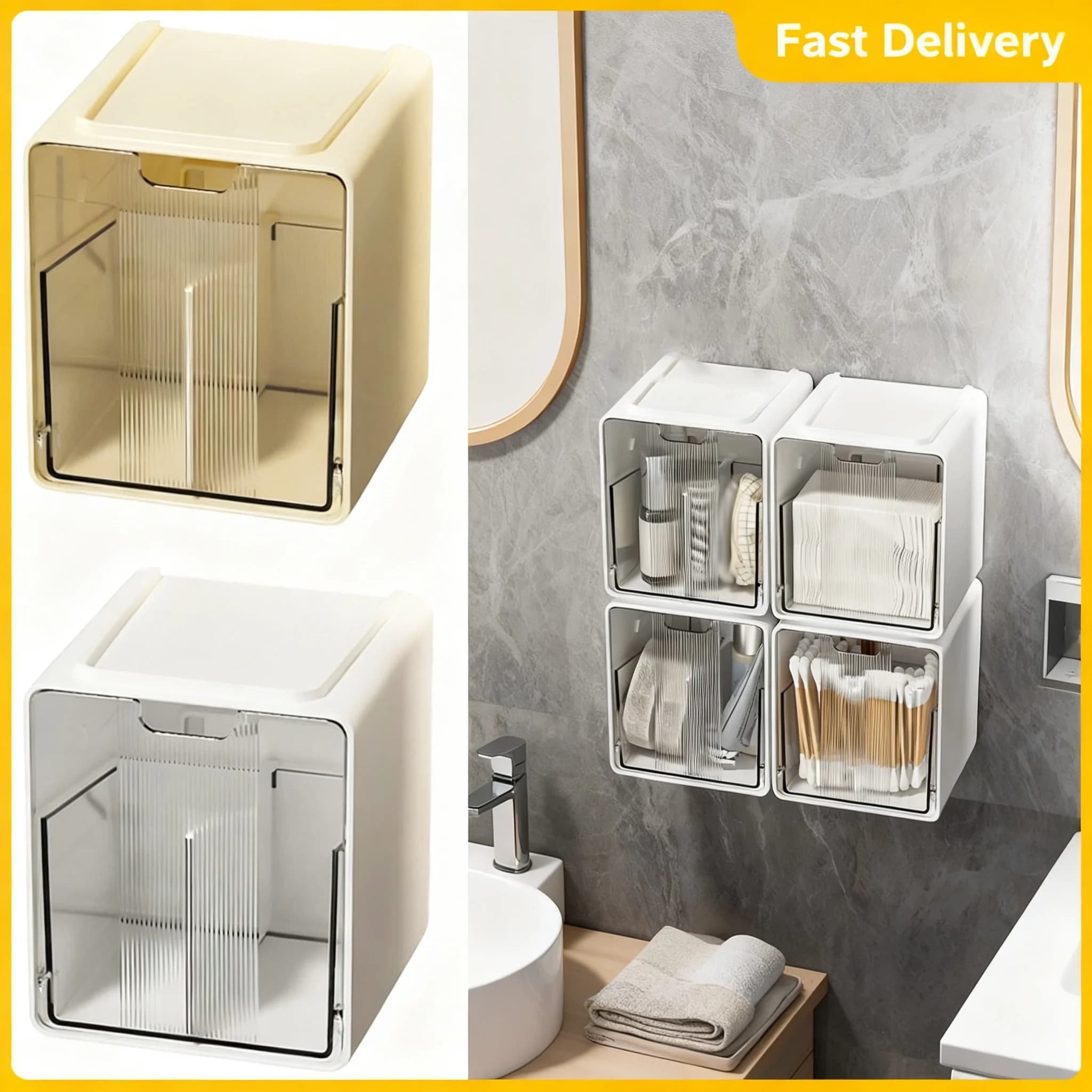 1 Pezzo Contenitore Trasparente Estraibile per Bagno, Organizzatore Stile Cassetto Senza Foratura per Bastoncini e Dischetti di Cotone, Sotto Specchio o Sottopensile