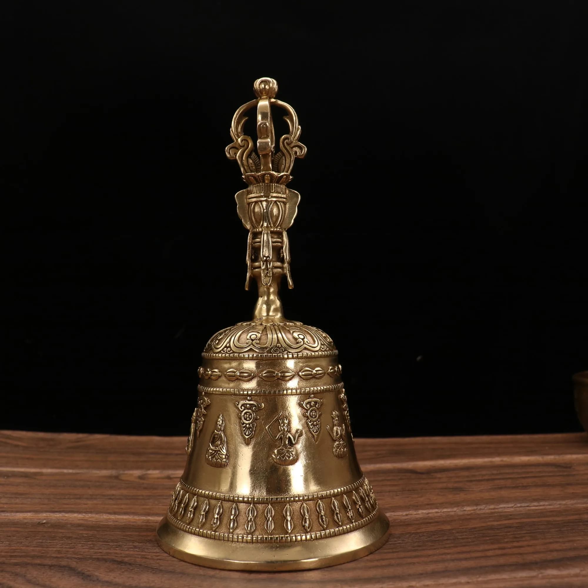 6"Tibetan Temple Collection Old Bronze Buddha Head Sakyamuni pattern Old Ringing Bell Amulet Worship Hall Town house Exorcism
