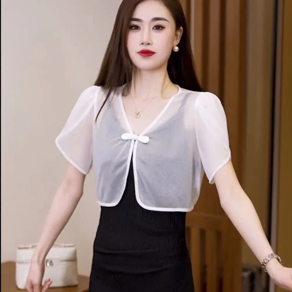 Sciarpa in chiffon stile cinese bianca e nera, sottile, corta, in tulle, per donna e ragazza