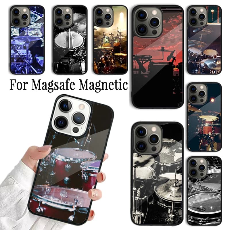 Cover per telefono con stampa a tema strumento musicale a tamburo per iPhone 17 AIR 16 15 14 13 12 11 Pro Max Plus, compatibile con MagSafe wireless