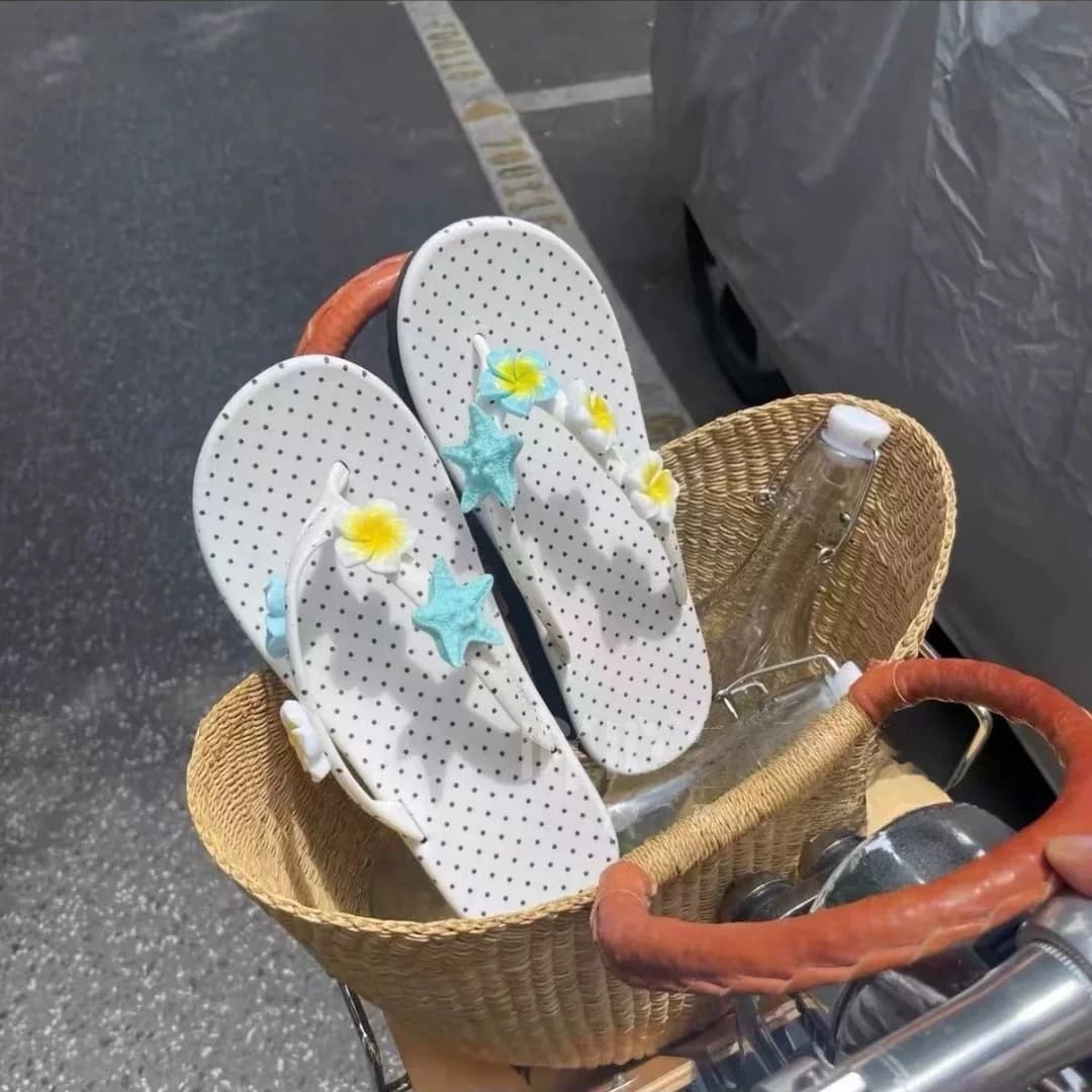 Mint Wave Dot Pattern Flip Flops Egg Flower Design Thick Heel Heightening Clogs Summer Atmosphere Unique Small Audience Slippers