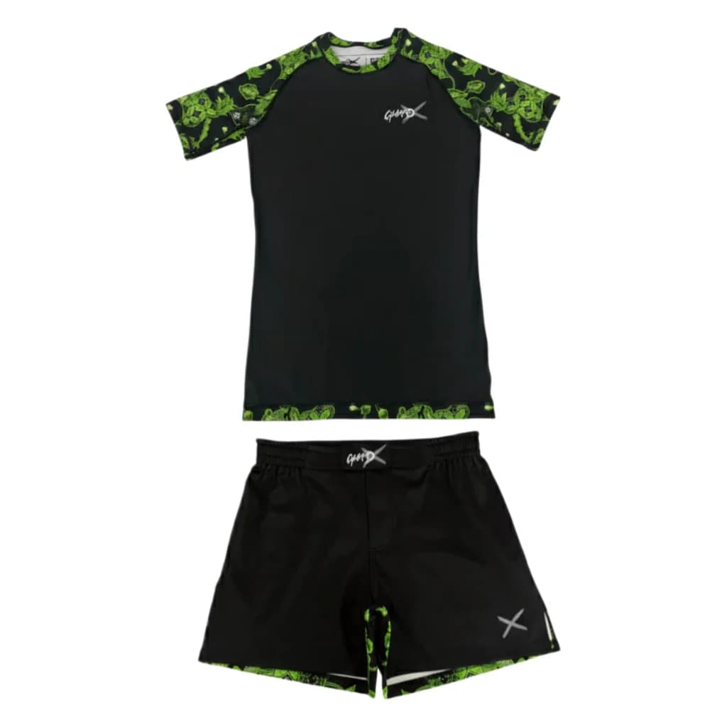 Set Premium per BJJ e MMA: Rashguard Inferno & Pulse (Manica Corta) e Pantaloncini da Combattimento, Set T-Shirt da Uomo Traspirante e ad Asciugatura Rapida