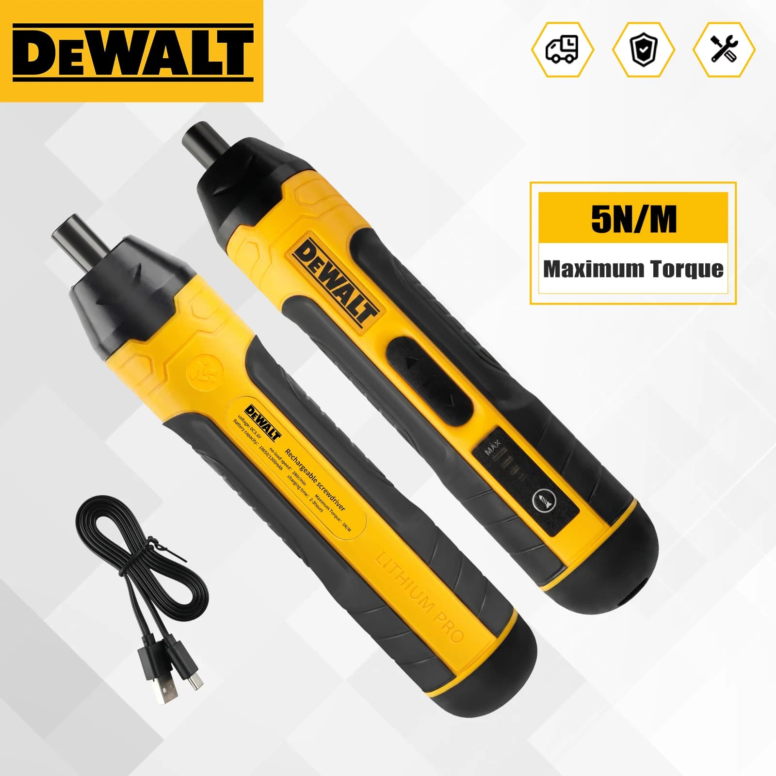Cacciavite elettrico senza fili DEWALT 3.6V, coppia 2-5N.m, batteria al litio ricaricabile USB da 1300mAh, cacciavite portatile.