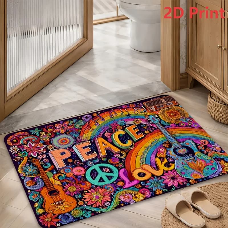 VIKAMA Hippie Peace and Love Pattern Doormat Washable Anti Slip Rug Indoor Kitchen Bathroom Bedroom Living Room Decor Mat