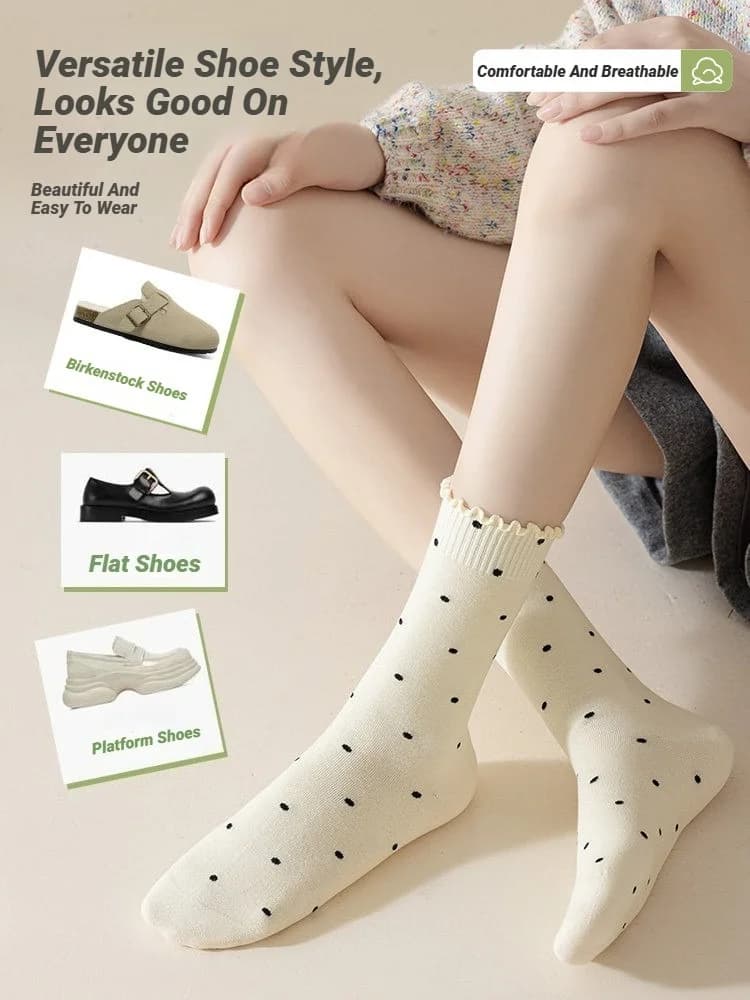 Women Wavy Edge Round Dot Mid Tube Socks Summer Thin Design Sweat Absorbing Breathable Ballet Style Long Women'S Ruffle Cotton