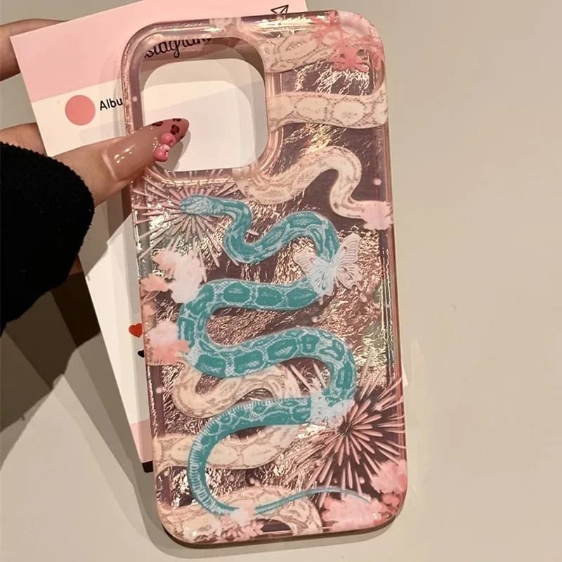 Oriental Style Snake Firework Glitter Glacier Pattern Case For iPhone 16 15 14 13 12 11 Pro Max X XS XR 7 8 Plus 16E SE Cover
