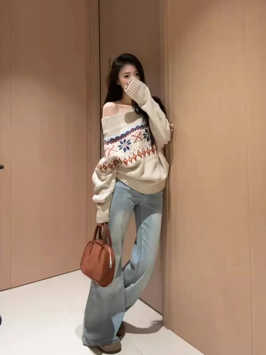 Retro Fair Isle Knit Thick Needle One Shoulder Loose Fit Autumn Winter Sweater Women's Fashion Soft Long Sleeve Casual Top