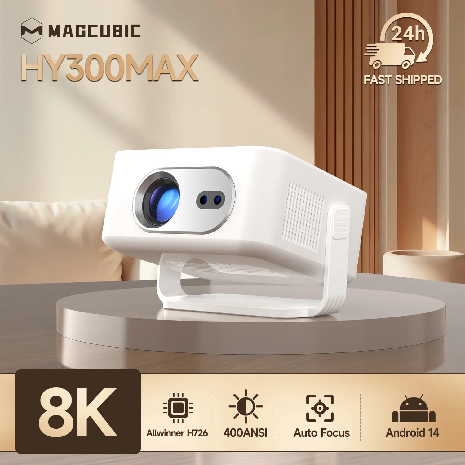 Projector Magcubic Auto Focus Android 14 4K 400ANSI 8K Native 720P HY300Max with Wifi6 BT5.4 Allwinner H726 Portable for Exterior