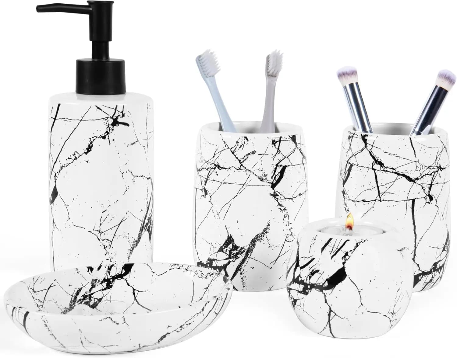Set da Bagno in Ceramica 5 Pezzi: Portasapone, Portaspazzolino, Dispenser, Bicchiere e Portacandele in Bianco o Nero
