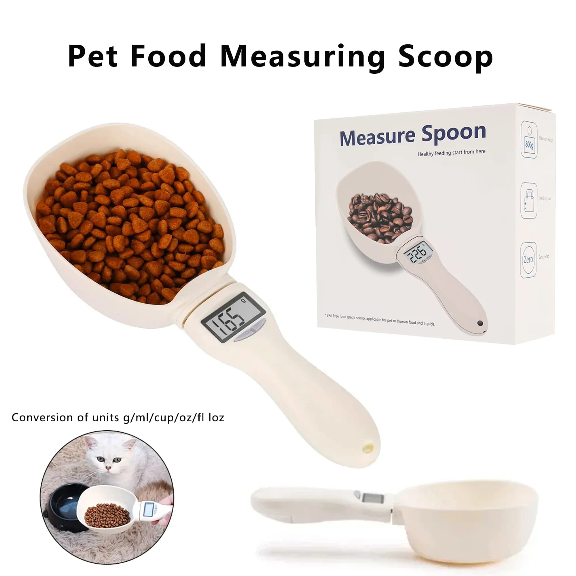 Bilancia per Cibo per Gatti LCD, Cucchiaio di Misurazione Elettronico per Cani, Cucchiaio di Precisione per Alimentazione Animali Domestici con Display Digitale