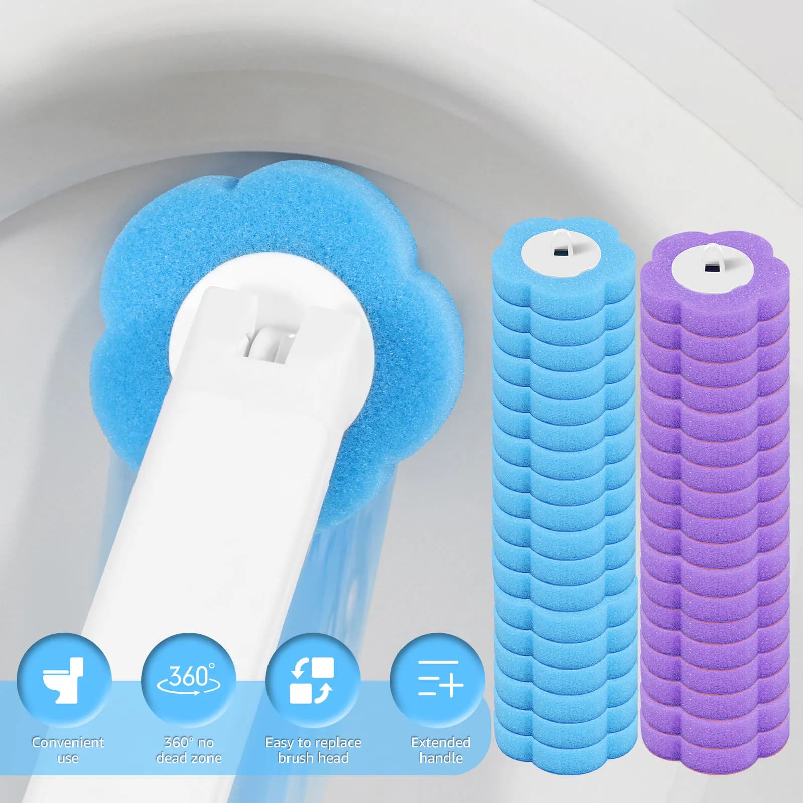 Kit Spazzola per WC Usa e Getta con Testina Sostituibile, Manico Allungato, Apertura Automatica del Coperchio, Accessori per Toilette