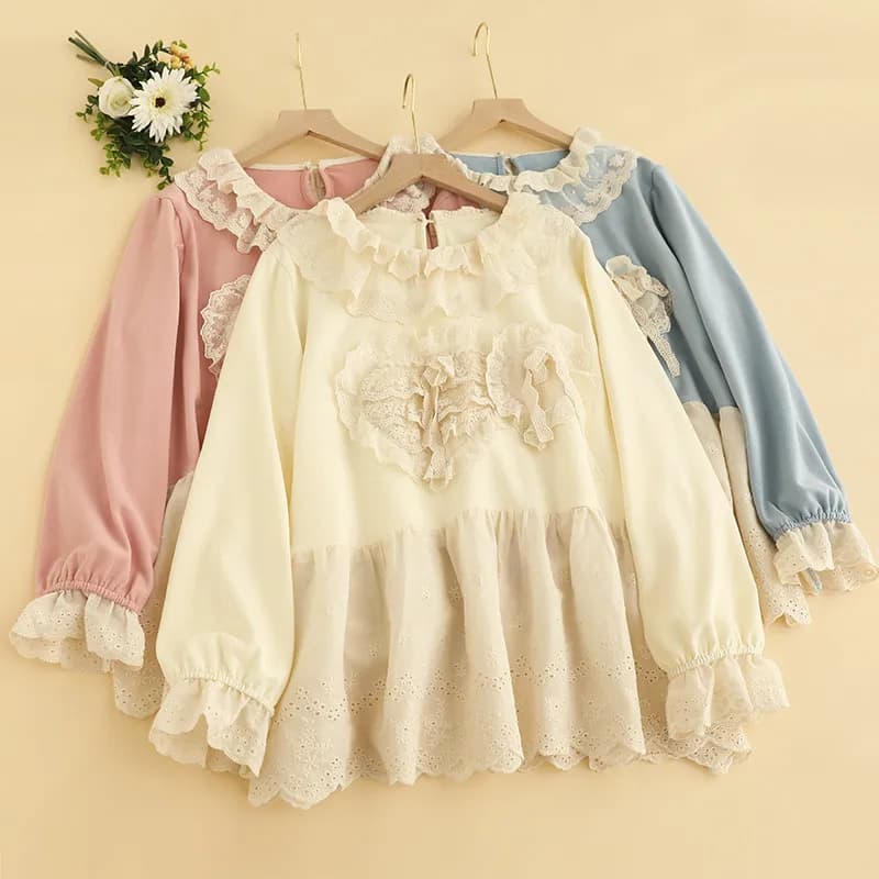 Nuova camicetta a maniche lunghe in cotone, stile Mori, con scollo rotondo e bordo in pizzo a forma di cuore, morbida e versatile.