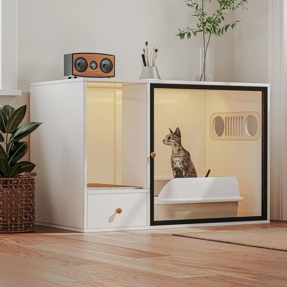 Large White Cat Litter Enclosure with Glass Door, Light, and Storage