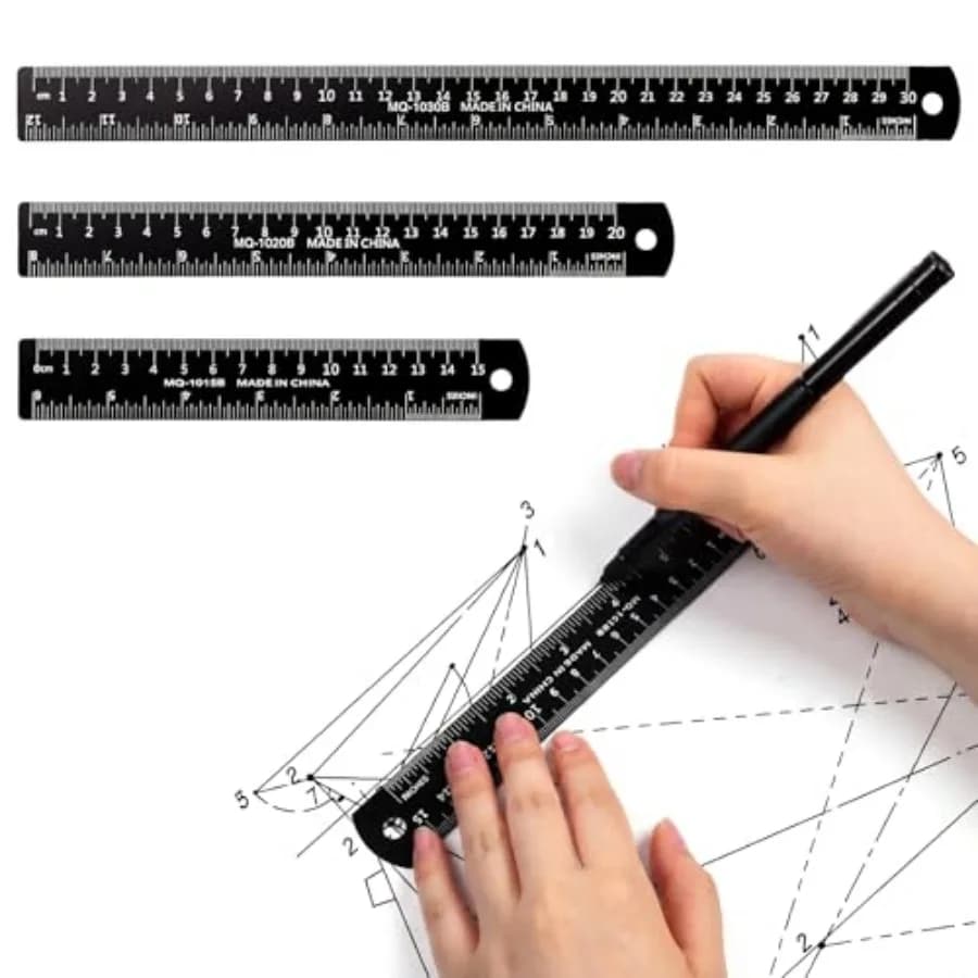 3-Pack Metal Ruler Set, 6 8 12 Inch Stainless Steel Ruler, Dual Scale Metric and Imperial, Laser Engraved with Conversion Table