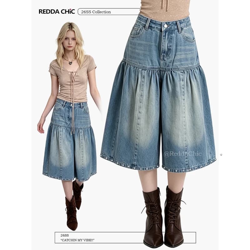 ReddaChic Bermuda in denim effetto invecchiato da donna, estivi, stile coreano, con balze, vita alta, borchie, pantaloncini in jeans a bolle, per il tempo libero e l'uso quotidiano