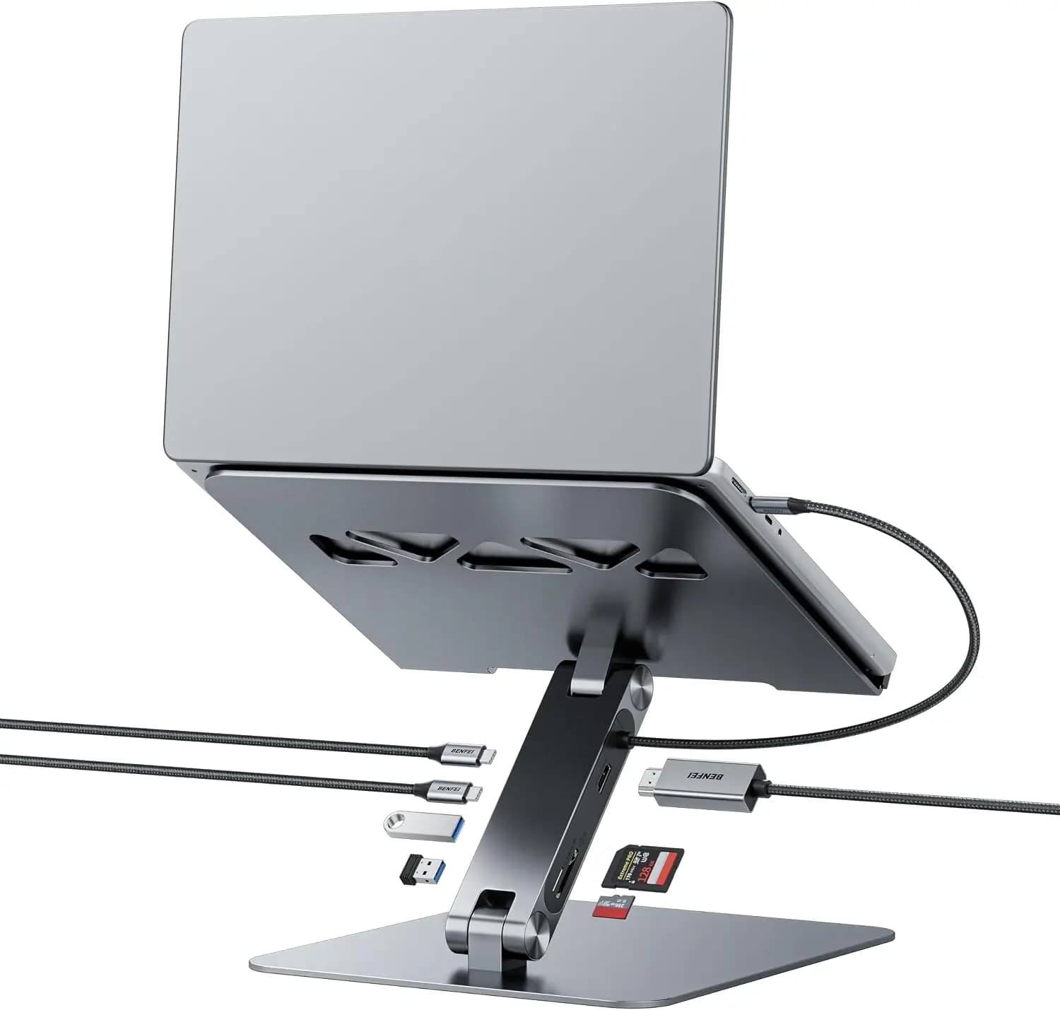 Laptop Stand with 7-in-1 USB C Docking Station, HDMI 4K@60Hz, 100W PD, 10Gbps USB 3.2, SD/Micro SD Card Reader, Ergonomic Aluminum Stand for MacBook, Dell XPS, iPad Pro