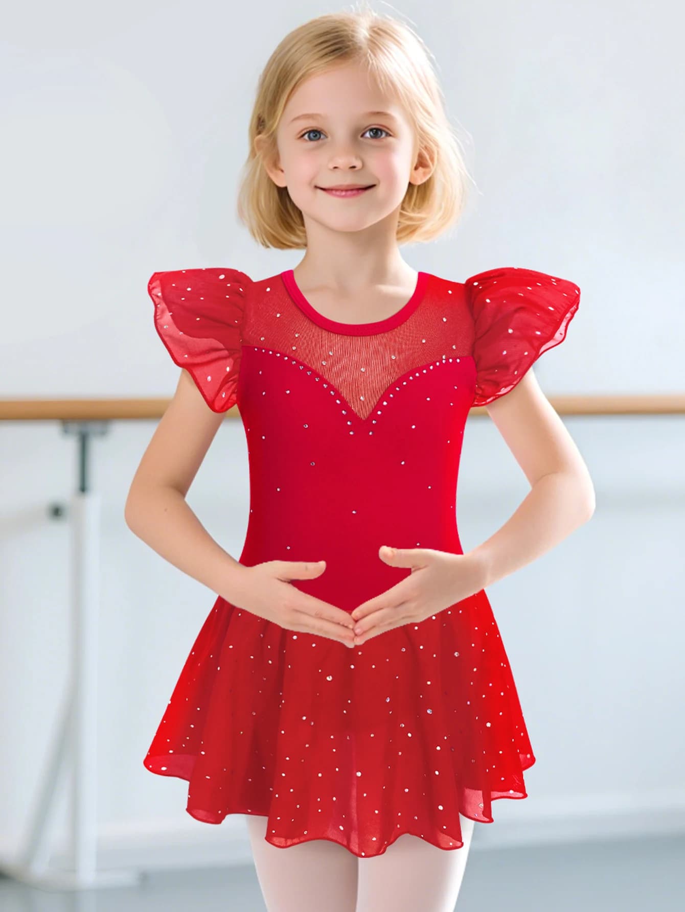 Body da balletto per ragazze Manica con volant Gonna tutu scintillante Body per bambini Ballerina Maglia Abito da ballo Costume da ginnastica per bambini