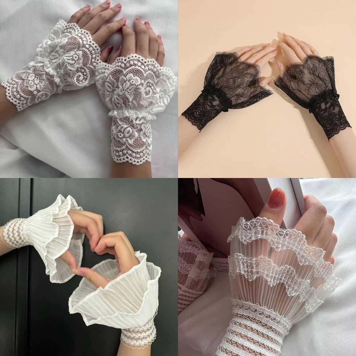 Maniche a campana staccabili in pizzo floreale a doppio strato con polsini arricciati e plissettati per maglioni e camicette - Accessorio moda donna