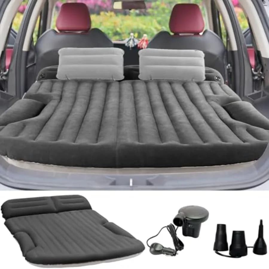 Materasso Gonfiabile per SUV, Ispessito e Floccato su Entrambi i Lati, Letto da Viaggio e Campeggio con 2 Cuscini e Pompa Elettrica, Cuscino Mobile Dedicato