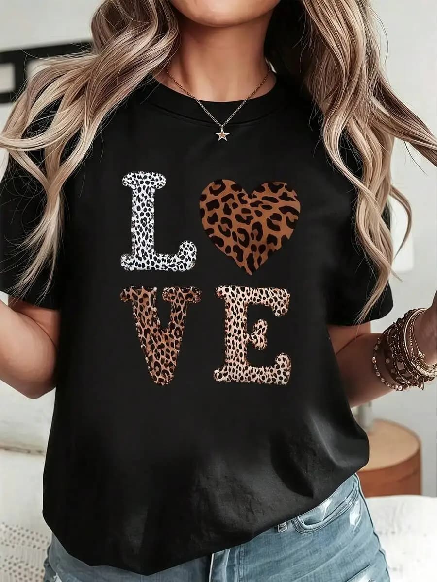 Casual Summer Women Short‑Sleeve Crew Neck T‑Shirt Leopard Love Black Graphic Print Fashion Tops