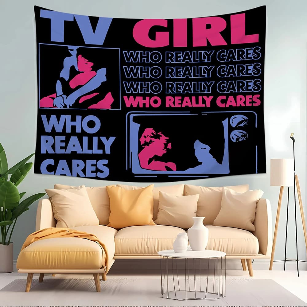 1pc Retro TV Girl "Who Really Cares" Tapestry, Indie Pop Band Aesthetic Wall Hanging, Cool Music Decor for Teens Bedroom & Dorm