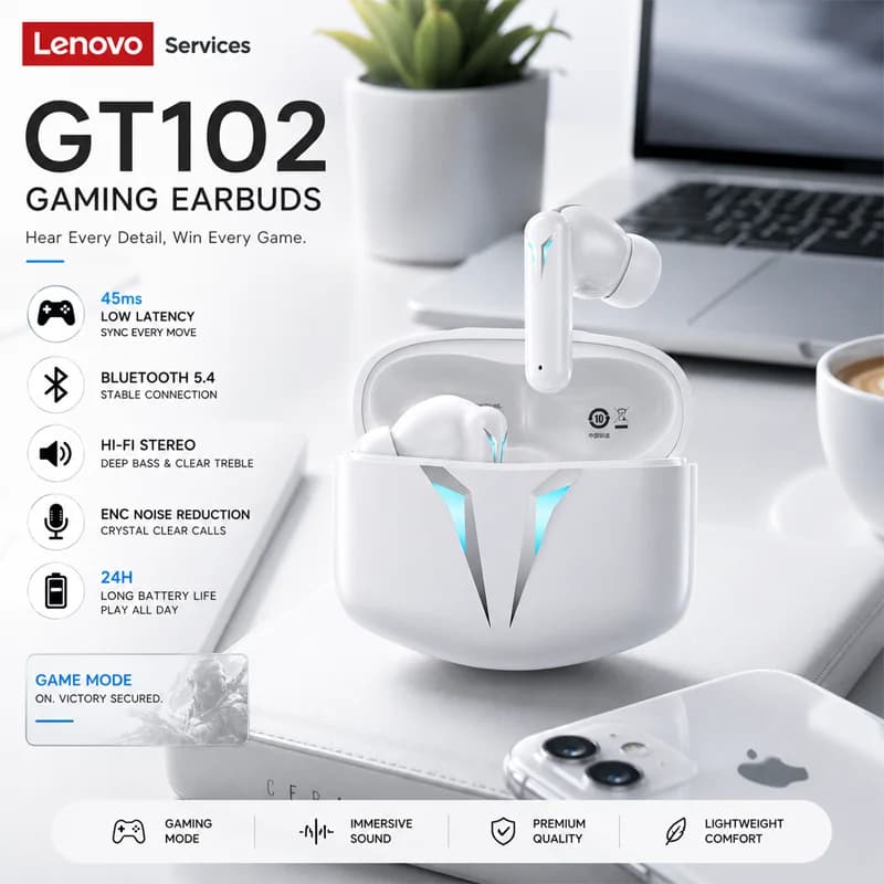 Lenovo Original GT102 Bluetooth 6.0 Gaming Earphones Long Endurance HD Call Noise Reduction Earbuds Esport Wireless Headphones