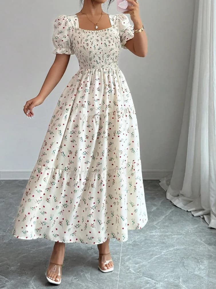 Square Collar Slim Fit Short Sleeve Bubble Sleeve Floral Print Maxi Dress Women High Waist Cinched Waist Full Skirt Long Dress