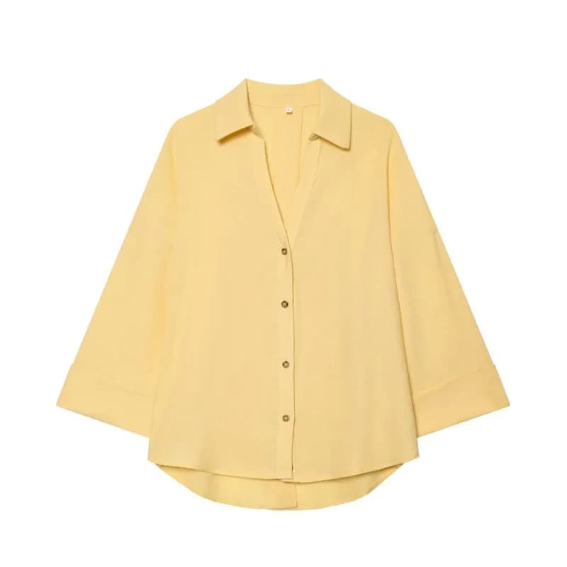 Camicia da donna a maniche larghe primavera estate, semplice con bottoni, tinta unita, colletto Johnny, orlo asimmetrico, camicie e bluse chic