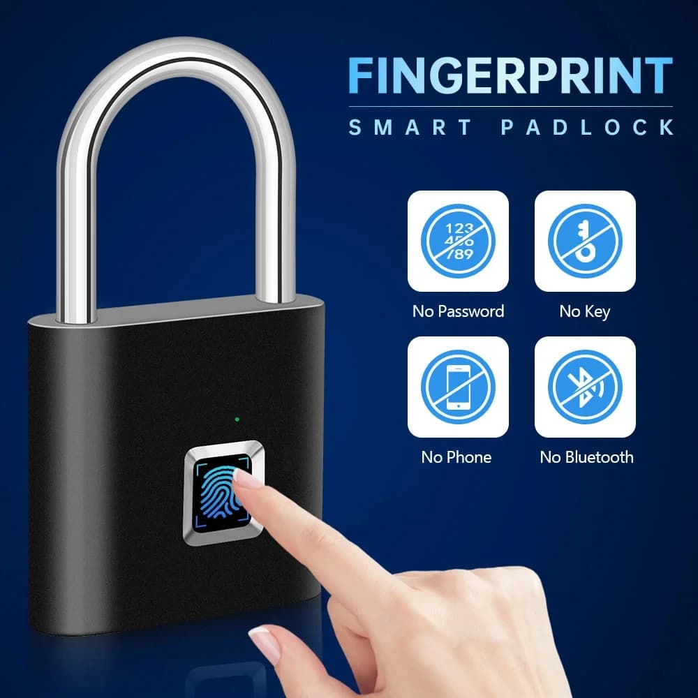 Smart Fingerprint Padlock Waterproof Fingerprint Keyless Door Lock Type C Rechargeable Security Padlock for House