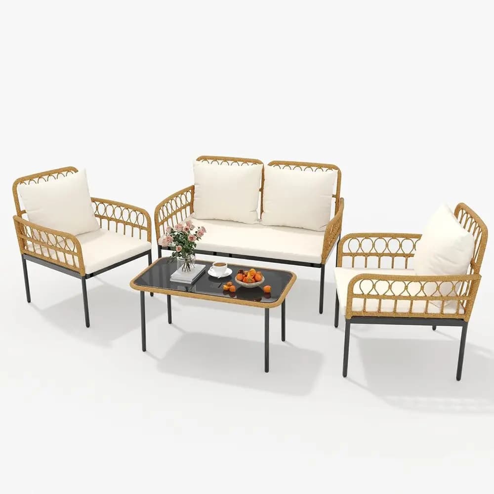 Set di mobili da giardino da 4 pezzi, set da bistrot in vimini e rattan per esterni, resistente a tutte le condizioni atmosferiche, con tavolo in vetro e cuscini spessi, poltrona a due posti in stile boho.