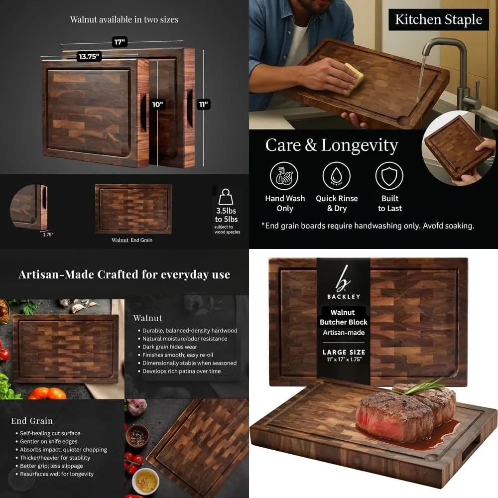 Cooking cutter in walnut - Non-toxic, 11x17x1,75, groove and juicy handles, meat cutter