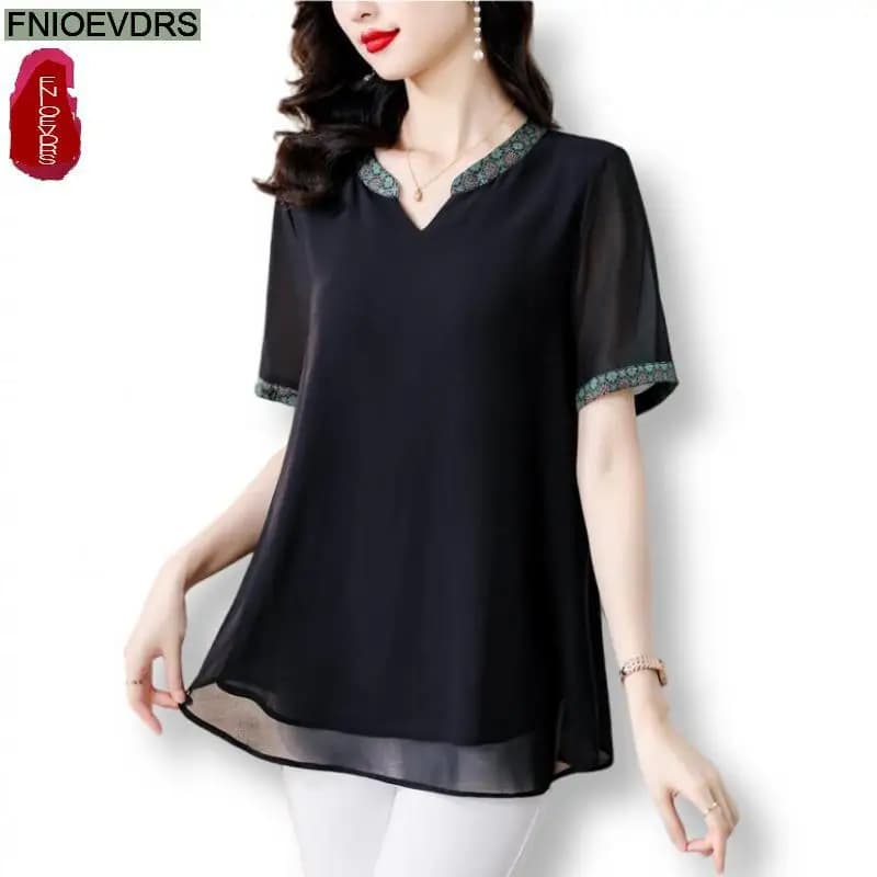 M-3XL vestiti larghi 2024 donne moda europea elegante camicia nera Casual tunica pancia peplo ricamo top e camicette