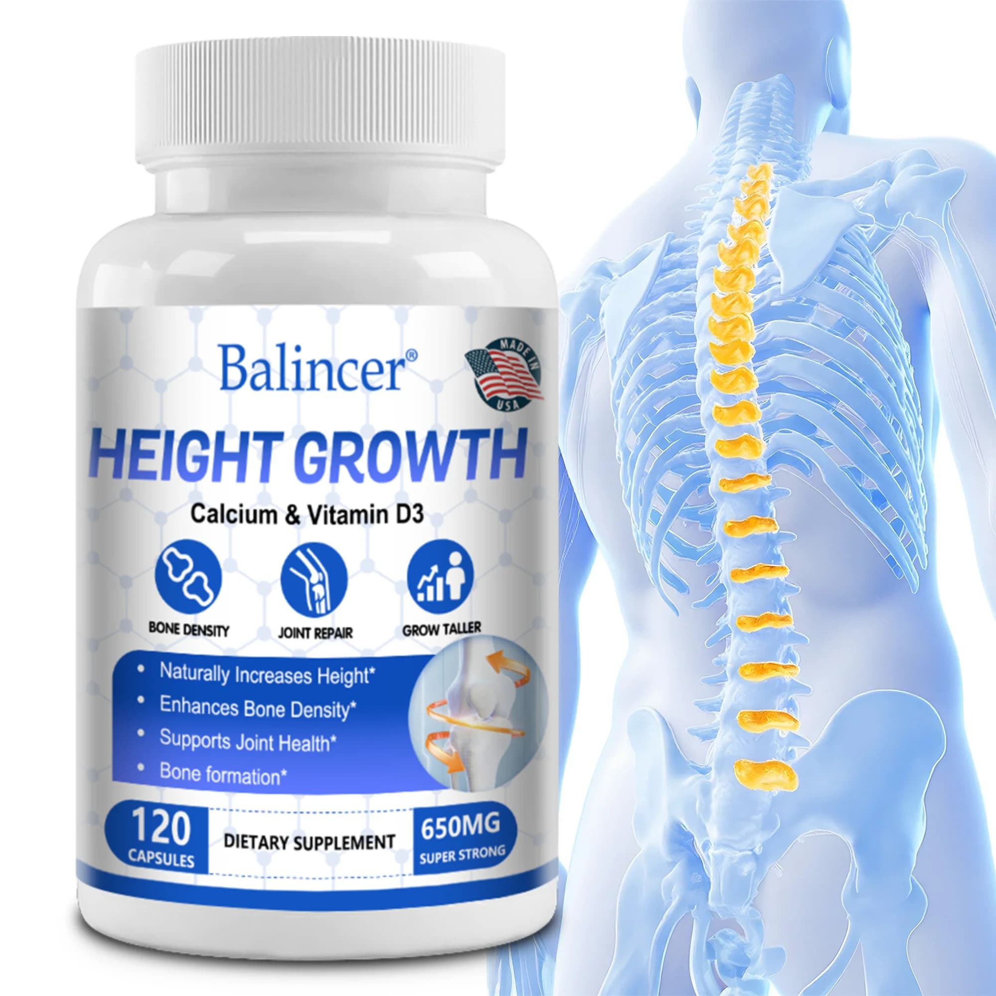 Height Growth Supplement Capsules with High Potency Calcium, Vitamin D3 K2 & Zinc, Boost Bone Density, Support Bone Development