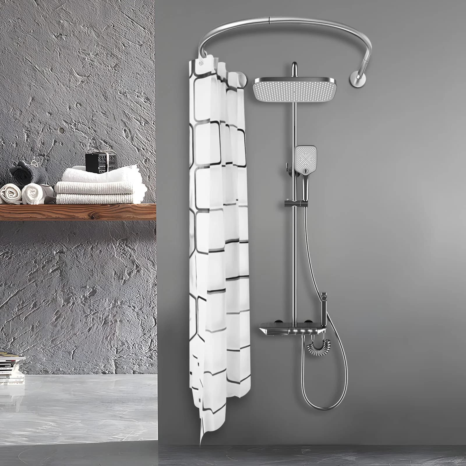 Asta per Tenda Doccia a U in Acciaio Inox, 0,9-1,3m, Asta Curva per Bagno e Toilette, con Tenda da 2,4m