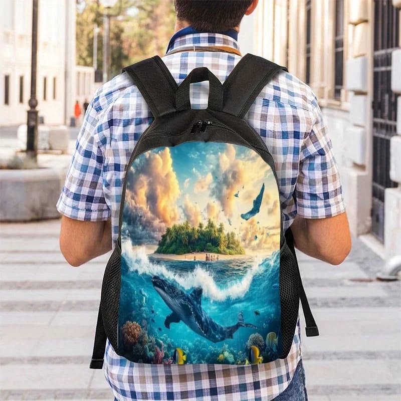 Backpack with ocean theme print and underwater world with fish and waves shoal - lightweight and folding bag with adjustable shoulder strap