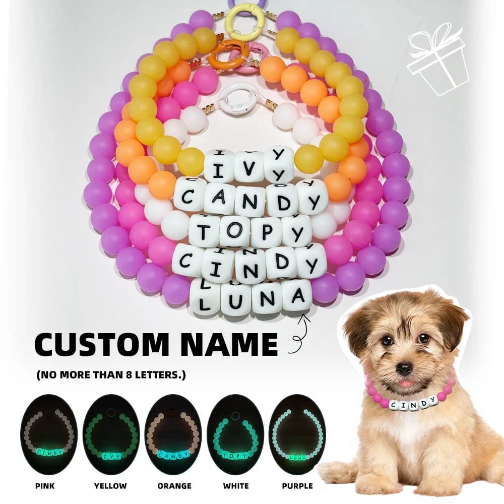 Collare di perline per cani e gatti personalizzabile Personalizza nome dell'animale domestico Lettere fai-da-te che si illuminano al buio che camminano notturno Collane di moda a cinque colori