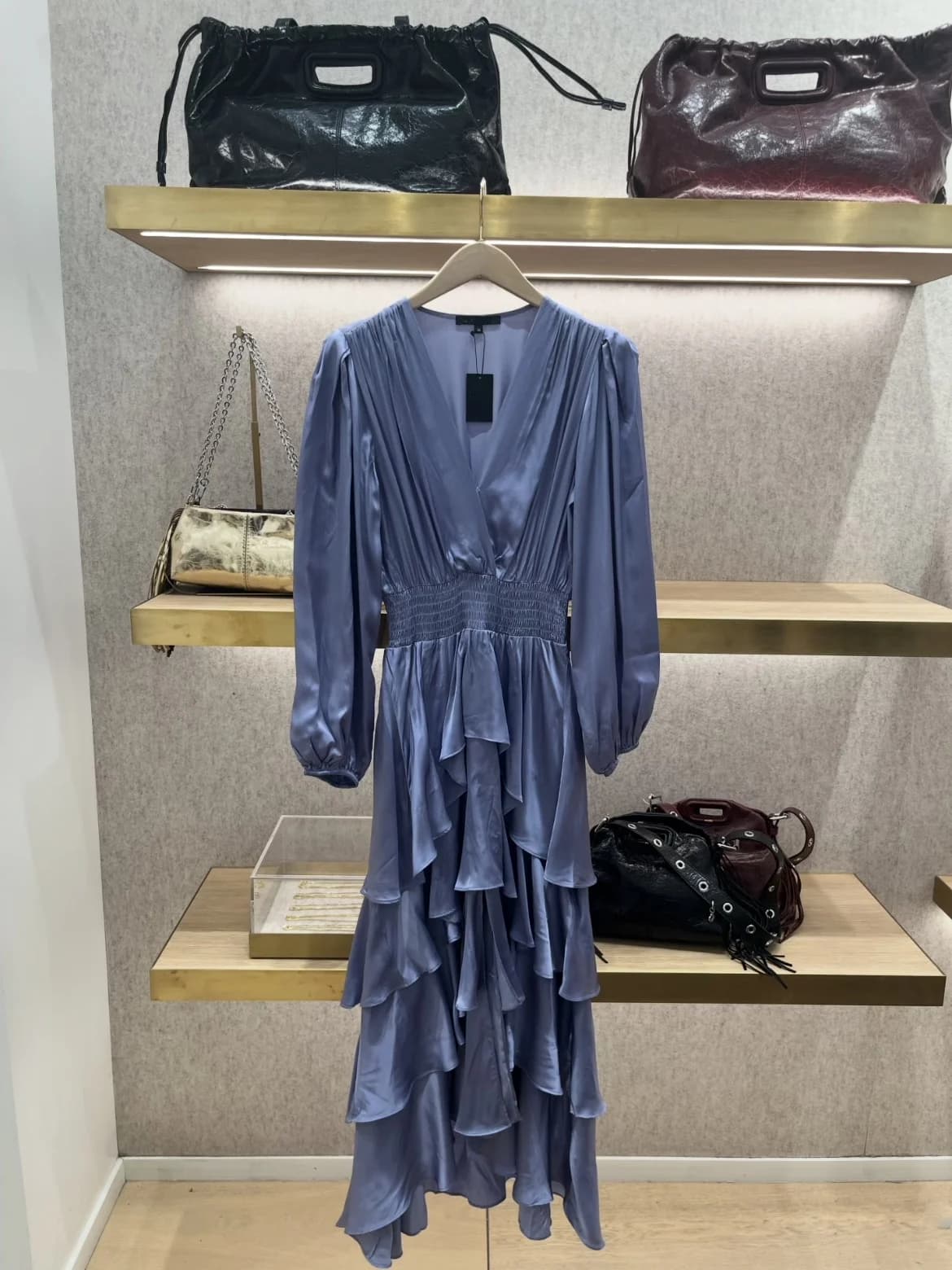 Elegant Satin Long Dress with Pleated Waist And Lace Hem by HEIDD for Early Spring City Commuting V-Neck Sleeve Length Long