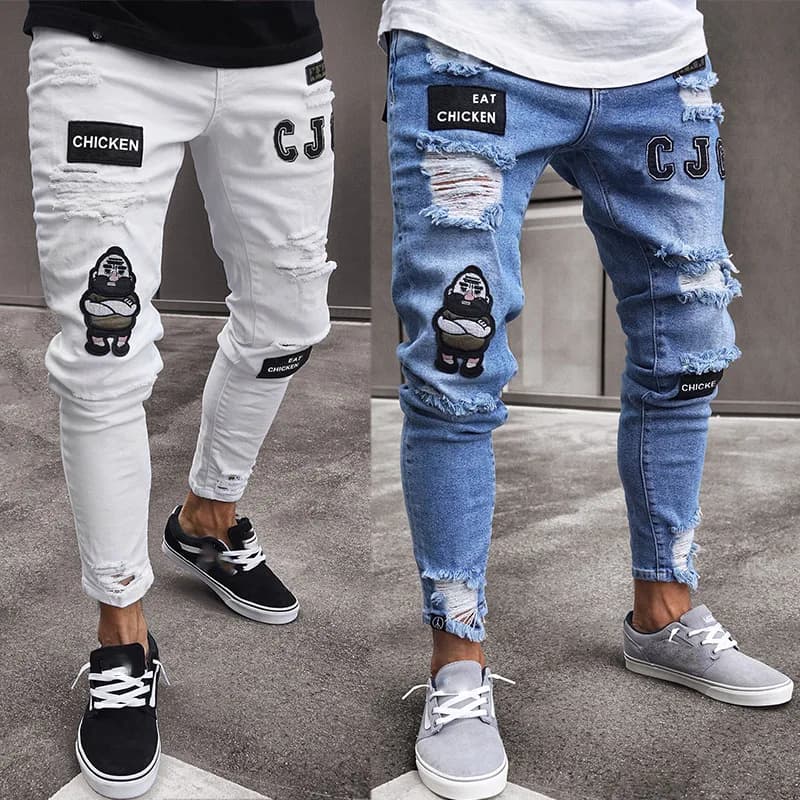 Fashionable men's jeans with zipper, slim fit, tears on the knees, casual, average waist, low waist, low waisted leggings