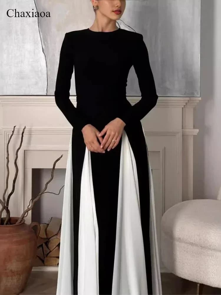 Chaxiaoa Elegante Nero Bianco Patchwork Maxi Abiti Moda Donna O-Collo Maniche lunghe Abito sottile Nuove abiti da sera femminili