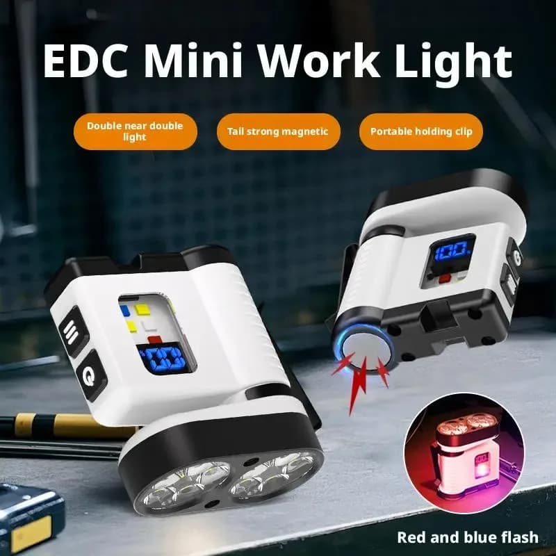 Mini Torcia LED con Luce Laterale COB, Ricaricabile USB, Display Digitale, Luce di Avvertimento Rossa e Blu, Portatile con Base Magnetica
