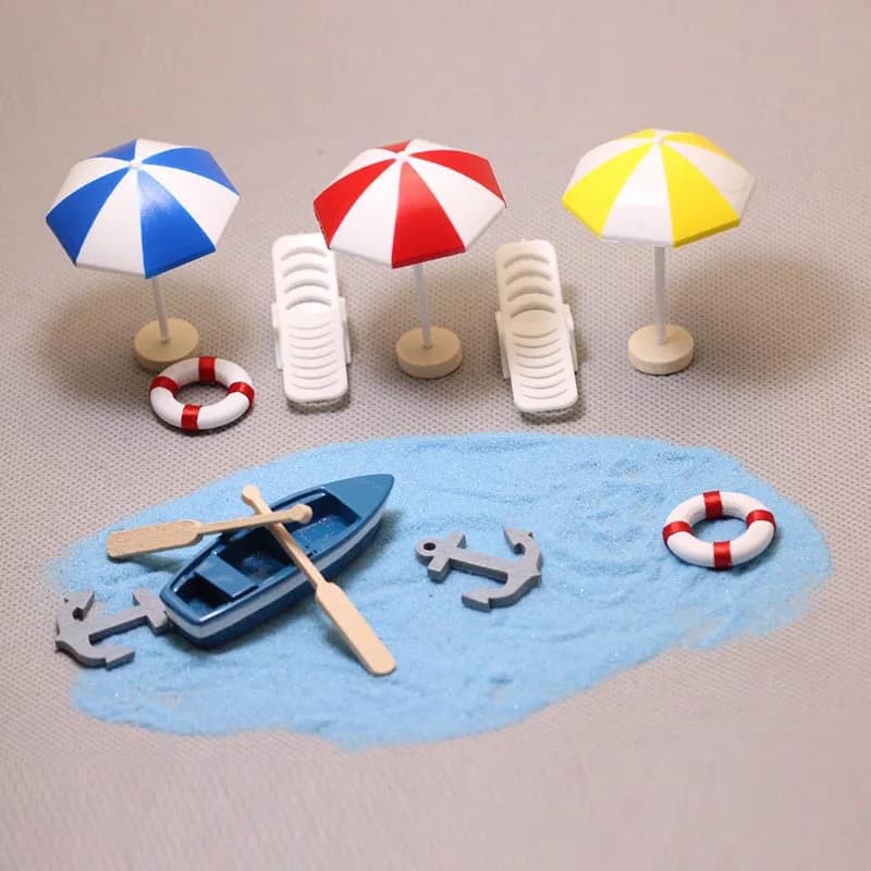 Estate Spiaggia Paesaggio Paesaggio marino Ornamenti Barca Stella marina Ombrellone Salvagente Sedia Modello Decorazione terrario fai da te in miniatura