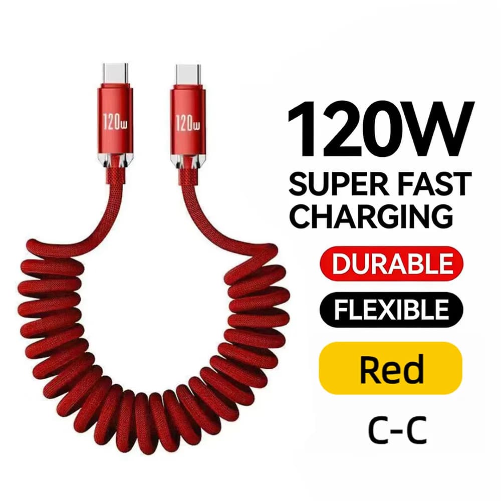 Cavo a Molla USB-C a Tipo C da 120W per Ricarica Rapida, Caricabatterie Telescopico da Auto per Telefono, Cavo Dati per iPhone 17 16 Samsung Xiaomi, Cavo USB-C