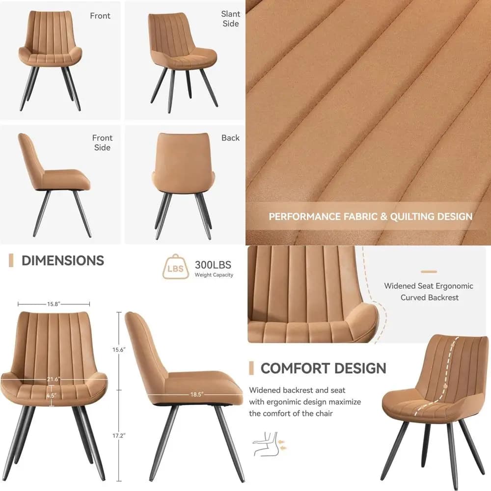 Set of 4 dining chairs upholstered in Mid-Century Modern style with soft cushions, comfortable fabric for dining rooms or kitchens, brown