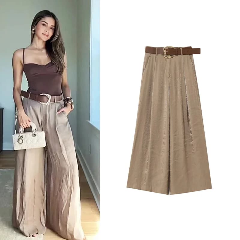 Pantaloni da donna in raso con cintura Pantaloni da donna semplici primavera estate Pantaloni larghi femminili versatili Pantaloni a gamba larga con tasca