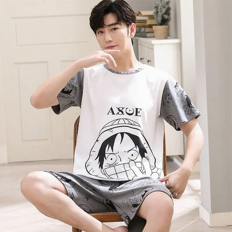 Pigiama Estivo 2026 Nuovo Set One Piece Monkey D. Luffy con Stampa Cartoon da Uomo, T-shirt a Maniche Corte e Pantaloncini, Morbido e Traspirante