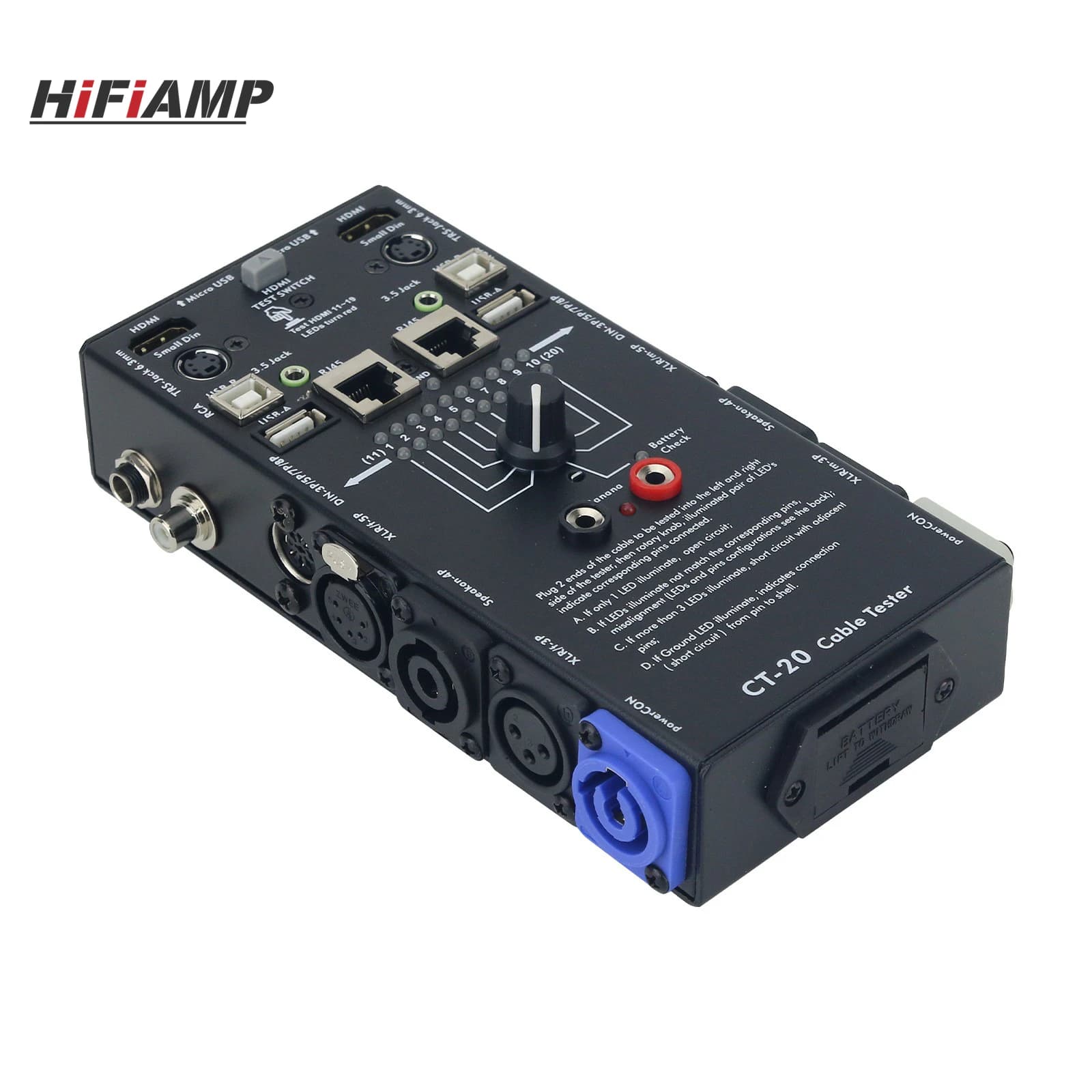 HiFiAMP CT-20 Audio and RJ45 Cable Tester (Misura 20 Types) for HDMI, PowerCON, Speakon